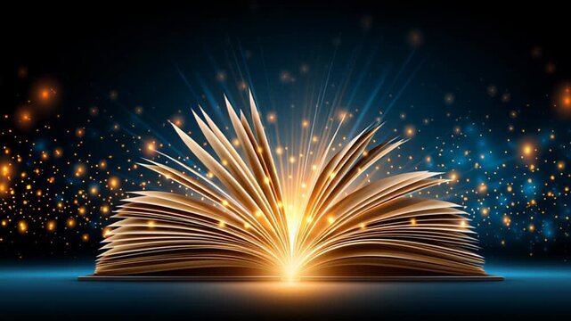 Open book with glowing pages radiating light and sparkles, creating a magical atmosphere against a dark blue background with shimmering particles