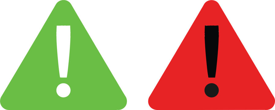 Warning alert icon set with exclamation mark symbols in green and red triangles for safety notification caution error message and important information isolated on white background.