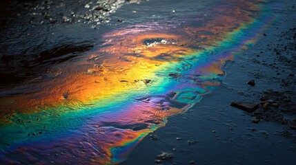 Fototapeta premium Oil slick rainbow texture iridescent colorful wet surface abstract reflection vibrant create mesmerizing pattern on ground with natural oil slick evoking sense of wonder and beauty