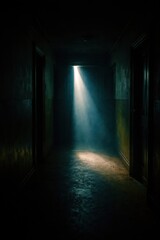 A hallway with a light shining on the floor