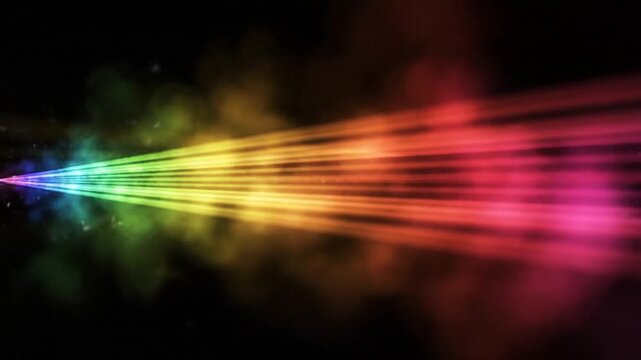 Dynamic Rainbow Light Beam Streaking Across Dark Space, Vibrant Prismatic Energy Ray with Hazy Smoke and Sparkling Particles, Abstract Colorful Spe...