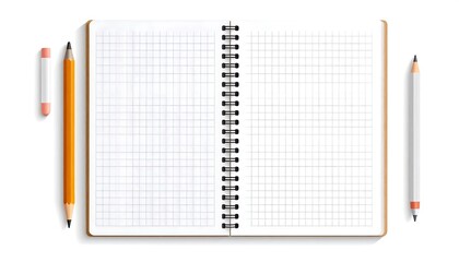Blank notebook with pencils on white.