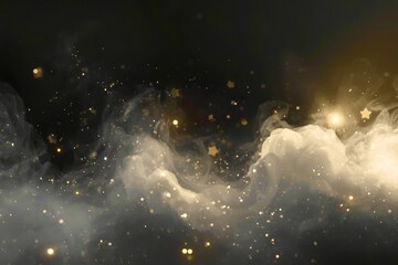A black and gold background with a cloud of smoke and stars