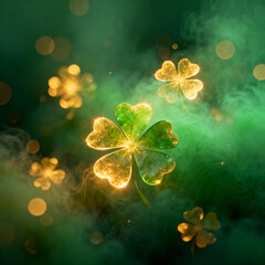 Glowing shamrock shapes emerging from a smooth green fog, illuminated by warm golden bokeh &mdash; magical, abstract St Patrick&rsquo;s Day Background.