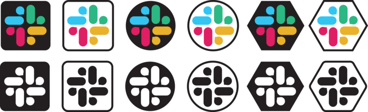 Slack logo icon vector. Social media app slack logo icon set. Slack logotype with shadow. Slack buttons set. Editorial illustration. Slack mobile app icons. Social media app slack logo icon set