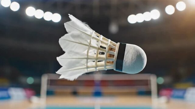 A close-up of a white and gold shuttlecock in mid-air against a blurred indoor sports court background