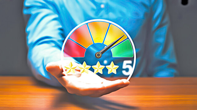 Hand presenting a glowing digital satisfaction meter showing a 5-star rating for excellent quality and service