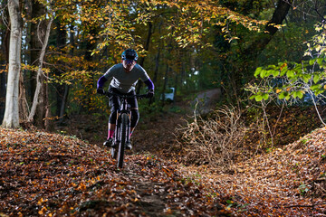 Autumn Forest Trail Mountain Biker Rides Leaf-Littered Path With Focus and Energy