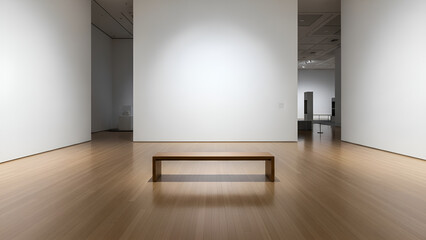 Modern minimalist art gallery interior with wooden bench and white walls
