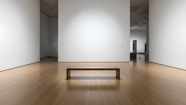 Modern minimalist art gallery interior with wooden bench and white walls