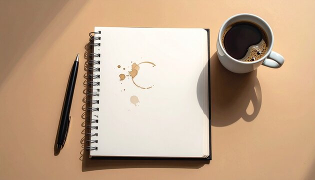 Offenes Notizbuch mit leerer Seite und Kaffeefleck