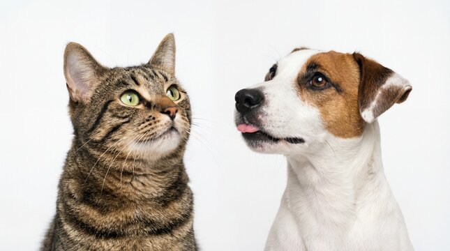 Brown tabby cat and brown and white jack russell terrier dog looking at each other on white background