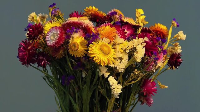 A lush, colorful arrangement of dried everlasting flowers, featuring yellow, pink, and burgundy strawflowers mixed with purple and white statice.