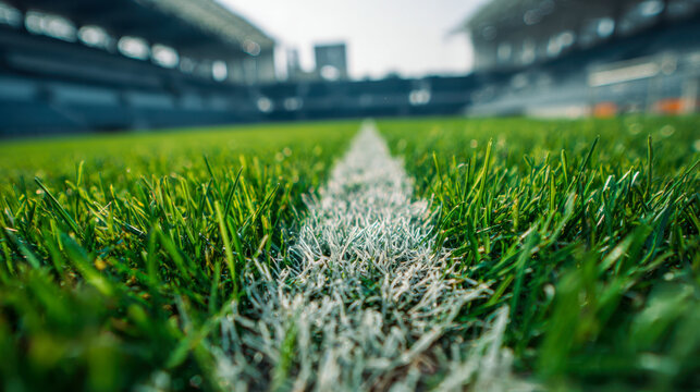 Detailed ground level view of a white painted line on fresh green grass inside a large empty stadium under bright daylight conditions