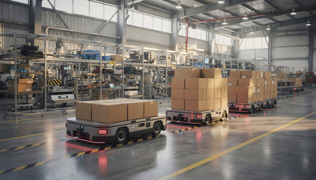 Automated Guided Vehicles Carrying Boxes in a Modern Warehouse: Enhancing Efficiency and Precision in Logistics and Supply Chain Management, with a Light Ambience