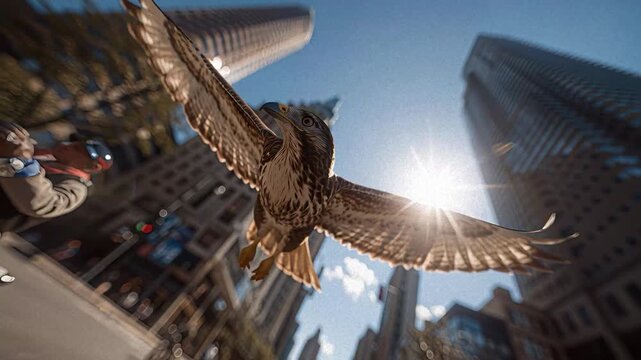 Anthropomorphic animal celebrating multiple holidays Christmas, New Years Eve, Chinese New Year, depicted by a soaring bird of prey against urban backdrop Clear day with dramatic sh - AI-Generated