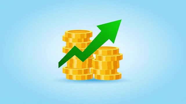 A clean animated investment icon with coin stack and arrow, soft scale-up motion, flat vector style, slow centered zoom camera movement, seamless loop