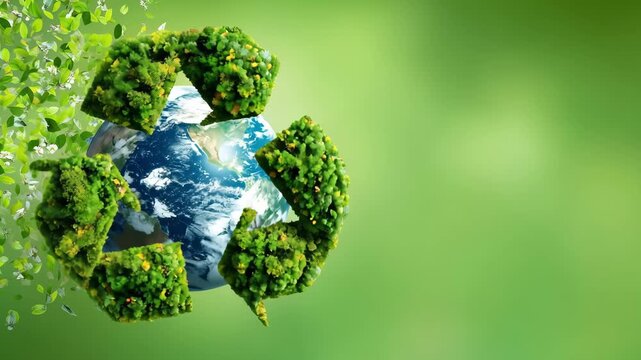 Green background with a globe surrounded by a recycling symbol made of plants. Environmental preservation and sustainable practices