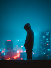 Obraz premium Silhouette of a person in a hooded jacket standing alone on a rooftop overlooking a vibrant cityscape with colorful lights and a foggy atmosphere at night