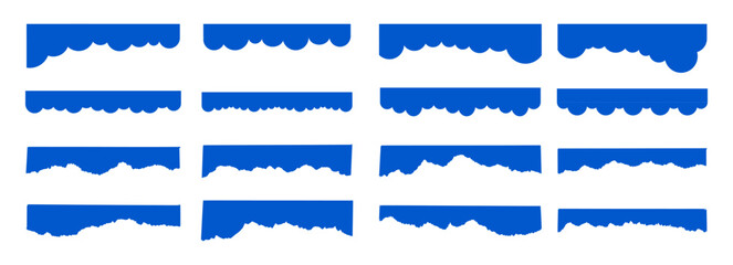 Web divider site simple clouds separator set. Fluffy curve edge header section. Blue border for banner, frame bottom, template