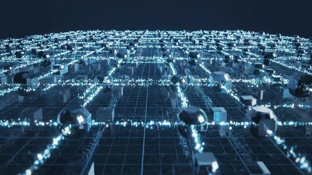 Digital data grid pattern with glowing blue light connections creates a futuristic background for technology headers and cybersecurity advertising.