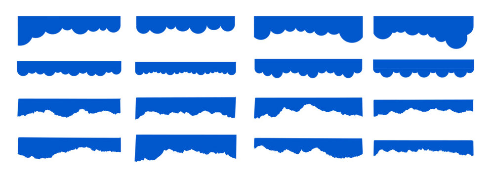 Web divider site simple clouds separator set. Fluffy curve edge header section. Blue border for banner, frame bottom, template
