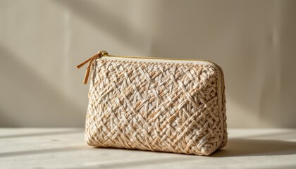 Fototapeta premium sleek and minimalist makeup pouch crafted from intricately woven fibers, this surreal image showcases a carefully designed makeup pouch made from the finest materials