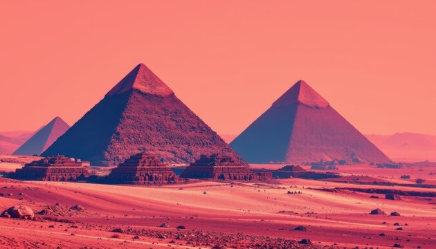 create a striking retro style artwork featuring the great pyramids of gyza isolated in vibrant coral tones