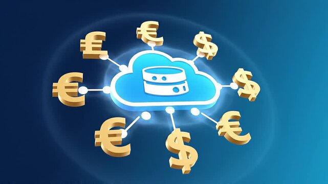 An animated digital economy icon with cloud and currency symbols, flat vector design, soft node pulse animation, slow floating camera movement, seamless loop
