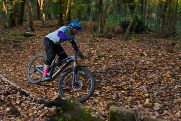Naklejka premium Dynamic Mountain Biker Navigates a Leafy Fall Forest Trail on Rugged Terrain
