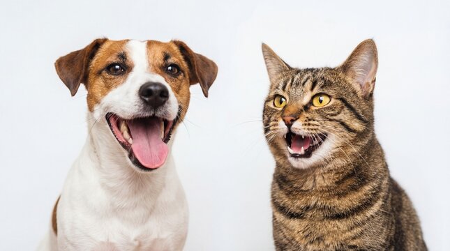 A humorous portrait of a happy dog and a laughing cat sitting side by side with open mouths on a white background looking friendly and playful together