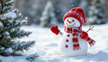 Fototapeta premium happy new year snowmancreate a charming, realistic image of a snowman standing in the snow near spruce trees, smiling warmly at the viewer, the snowman is dressed for winter with a red mitten, scarf