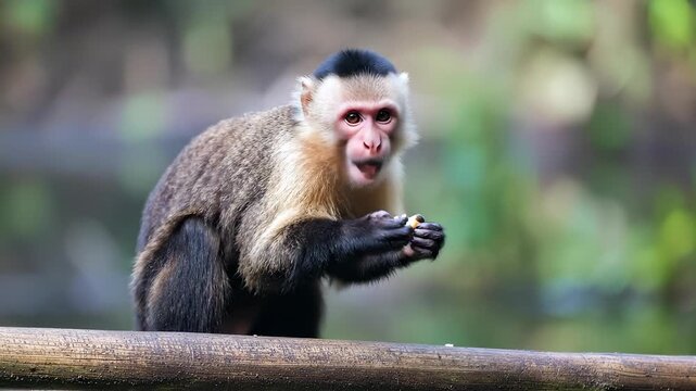 Capuchin Monkey Perched on a Wooden Railing in a Natural Habitat.