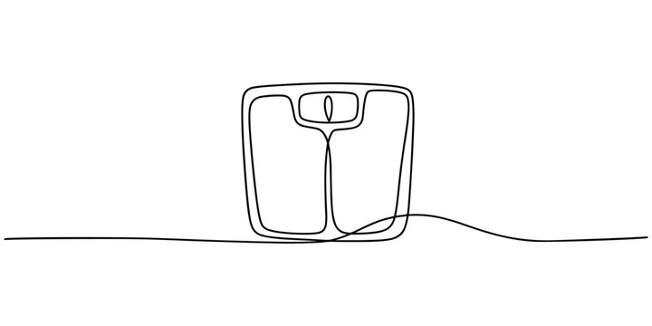 Continuous one line drawing of minimalist bathroom weight scale icon, Minimalist line art of bathroom scale with a simple design. No editable strokes, Minimalist one line drawing of medical scales.
