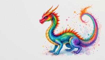 Obraz premium create a captivating watercolor illustration of a rainbow dragon in stunning colors against a white background, position the dragon on the left side of the image