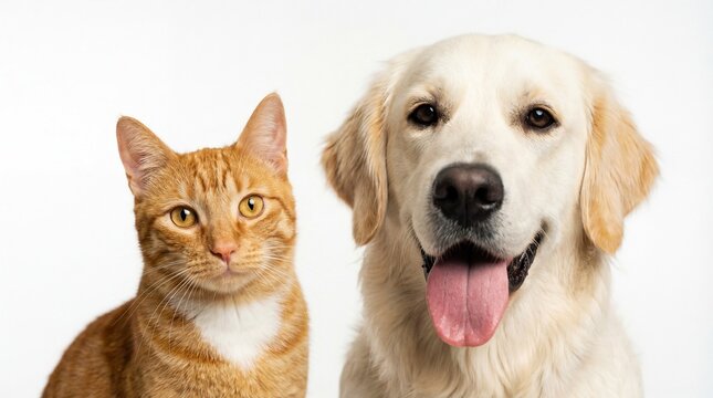 Friendly orange cat and golden retriever dog sitting side by side with white background looking happy and playful together