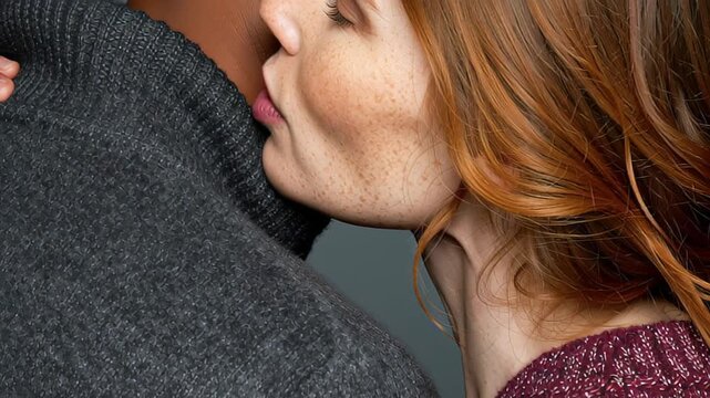 Close-up of a mixed-race couple sharing an intimate moment, with a woman kissing the neck of a man, both wearing cozy sweaters against a neutral background