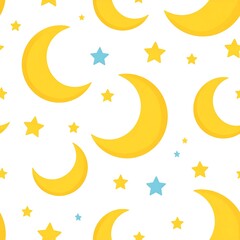 A whimsical pattern of yellow crescent moons and stars on a white background