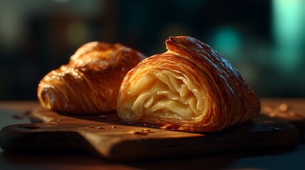 Croissants with Laminated Layers on Wooden Cutting Board