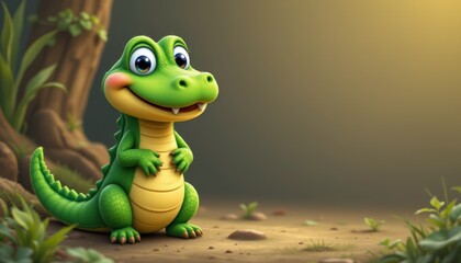 create a charming and cute cartoon alligator character as the main subject of your image, positioned on the left side of the frame with ample copy space to its right for optimal photo usage
