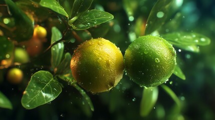 Fresh Citrus Fruits with Water Droplets on Tree