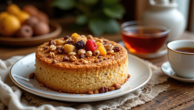 chinese rice flour steamed cake with dried fruits and nuts subject: a plate of a delicious looking chinese rice flour steamed cake topped with dried fruits and nuts