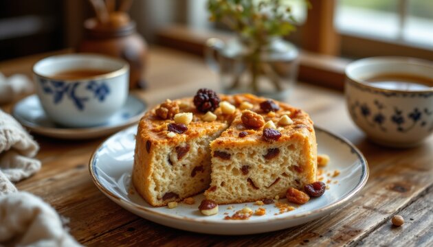 chinese rice flour steamed cake with dried fruits and nuts subject: a plate of a delicious looking chinese rice flour steamed cake topped with dried fruits and nuts
