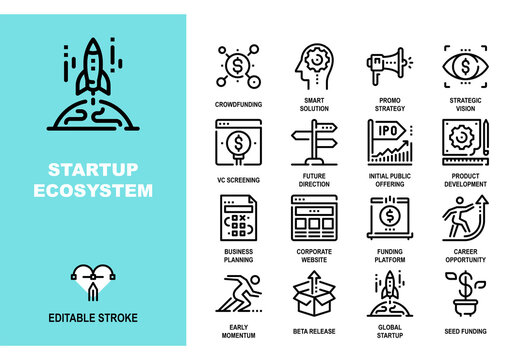 Vector set of startup ecosystem and new business line icons. Pixel perfect 48X48 size grid with adjustable strokes. Professional symbols for project launch, investment and product growth