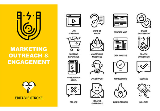 Vector set of marketing outreach and engagement line icons. Pixel perfect 48X48 size grid with adjustable strokes. Professional symbols for brand engagement and data analysis