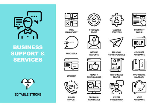 Vector set of business support and services line icons. Pixel perfect 48X48 size grid with adjustable strokes. Professional symbols for customer help, task management and 24/7 support