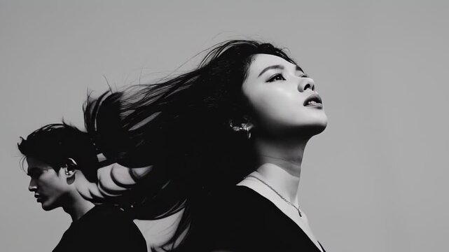 Asian woman with flowing hair gazes upward while a man stands in profile behind her, both captured in a dramatic black and white setting with contrasting light and shadows