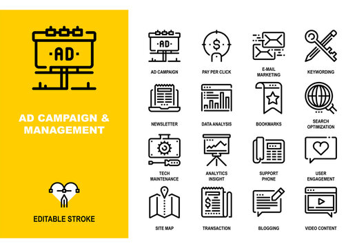 Vector set of ad campaign and management line icons. Pixel perfect 48X48 size grid with adjustable strokes. Professional symbols for digital marketing, search optimization and analytics