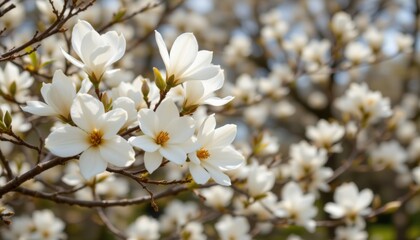 Fototapeta premium create an image of elegant white magnolia blossoms blooming on tree branches in a spring garden during soft natural light, use pastel tones and delicate petals to create a calm atmosphere