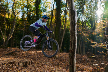 Naklejka premium Mountain Biker Navigates Leafy Forest Trail on an Autumn Day in Action